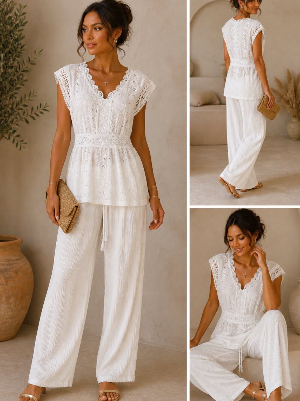 boho outfit set, linen pants set women, white summer outfit, lace top outfit, va